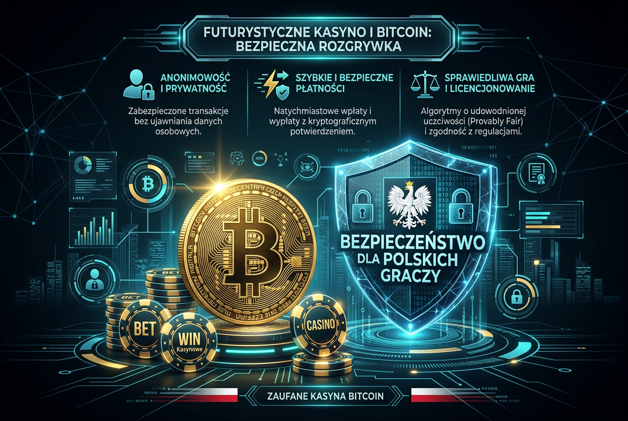 Profesjonalna infografika rankingu kasyn bitcoin z symbolem kryptowaluty i tarczą bezpieczeństwa