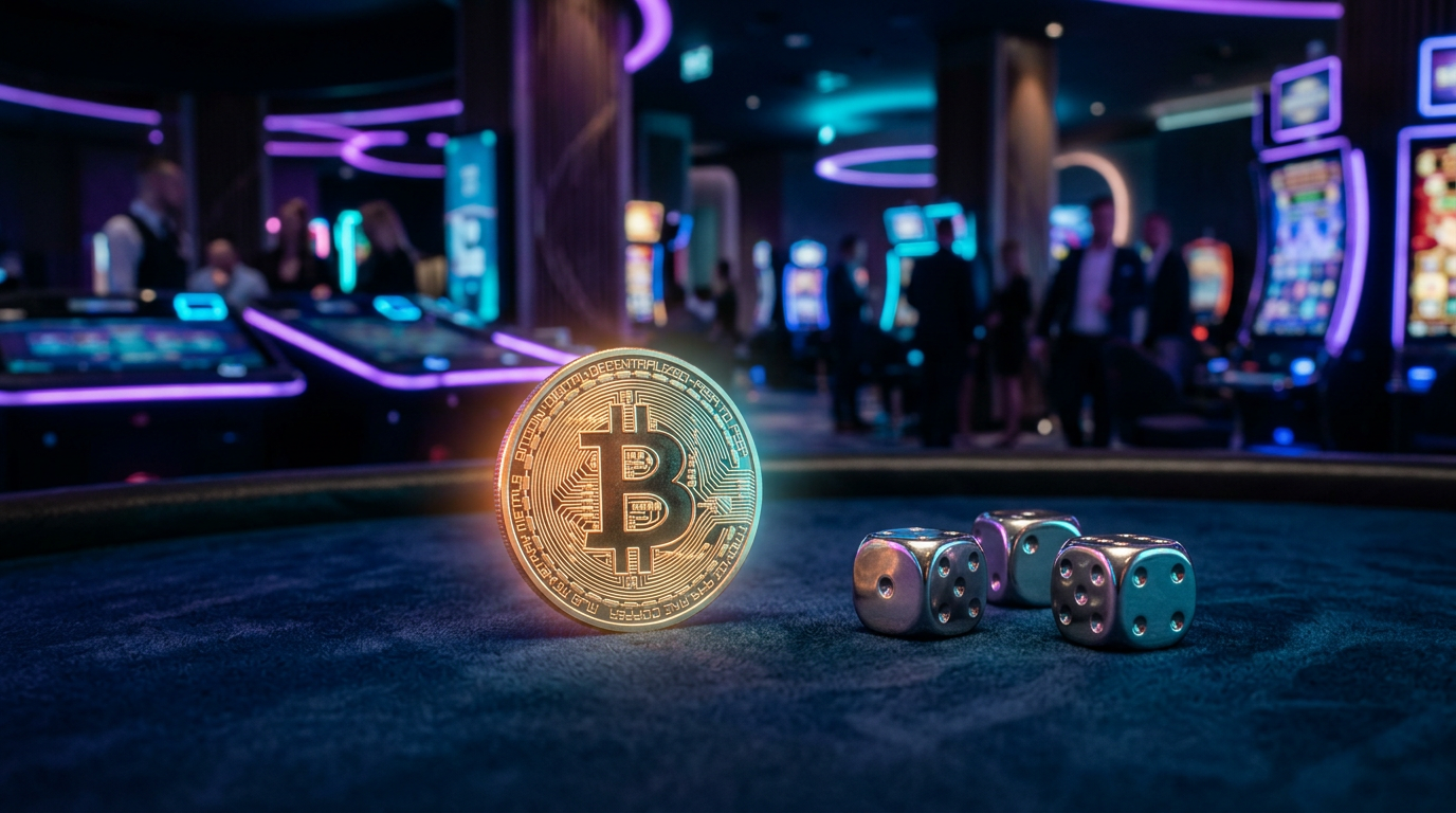 Złota moneta Bitcoin na stole do gry w nowoczesnym kasynie.