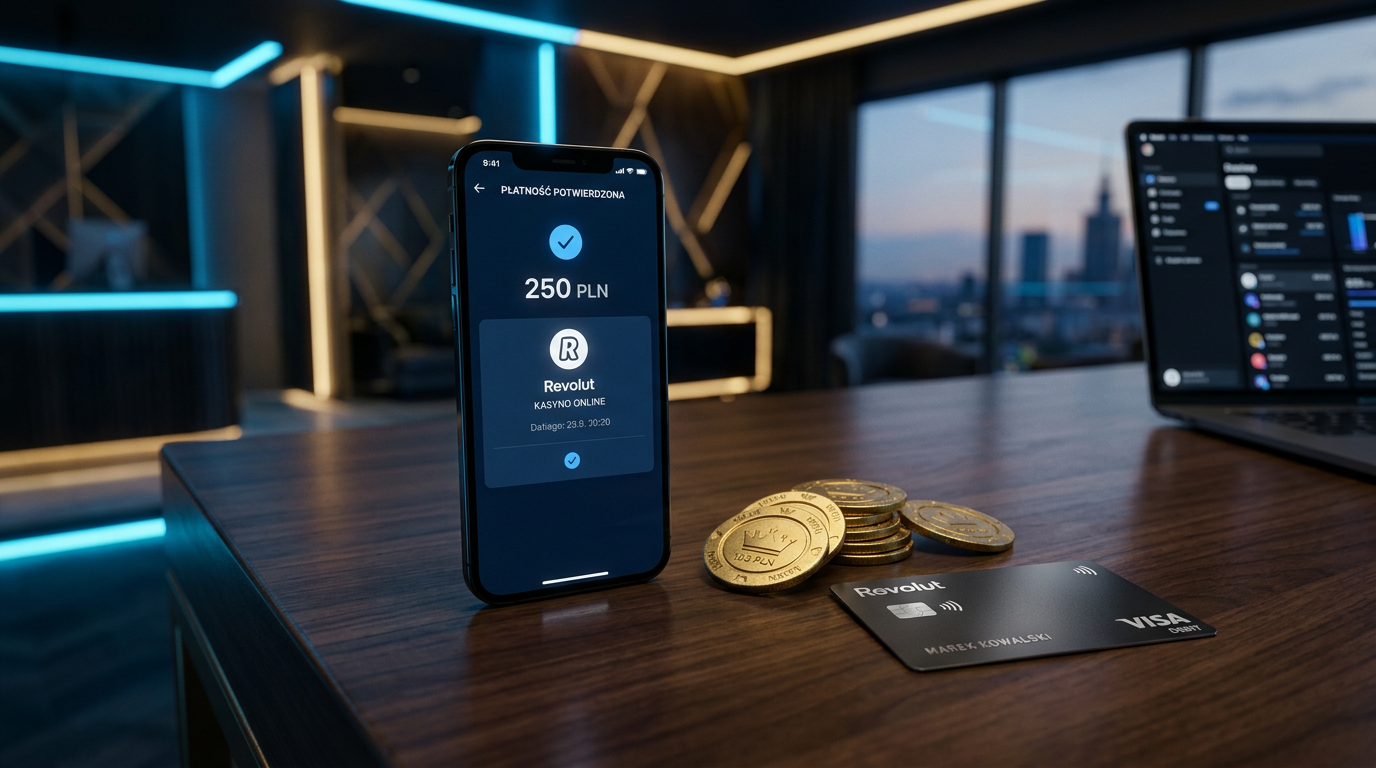 Revolut casino payment concept with smartphone and gold chips