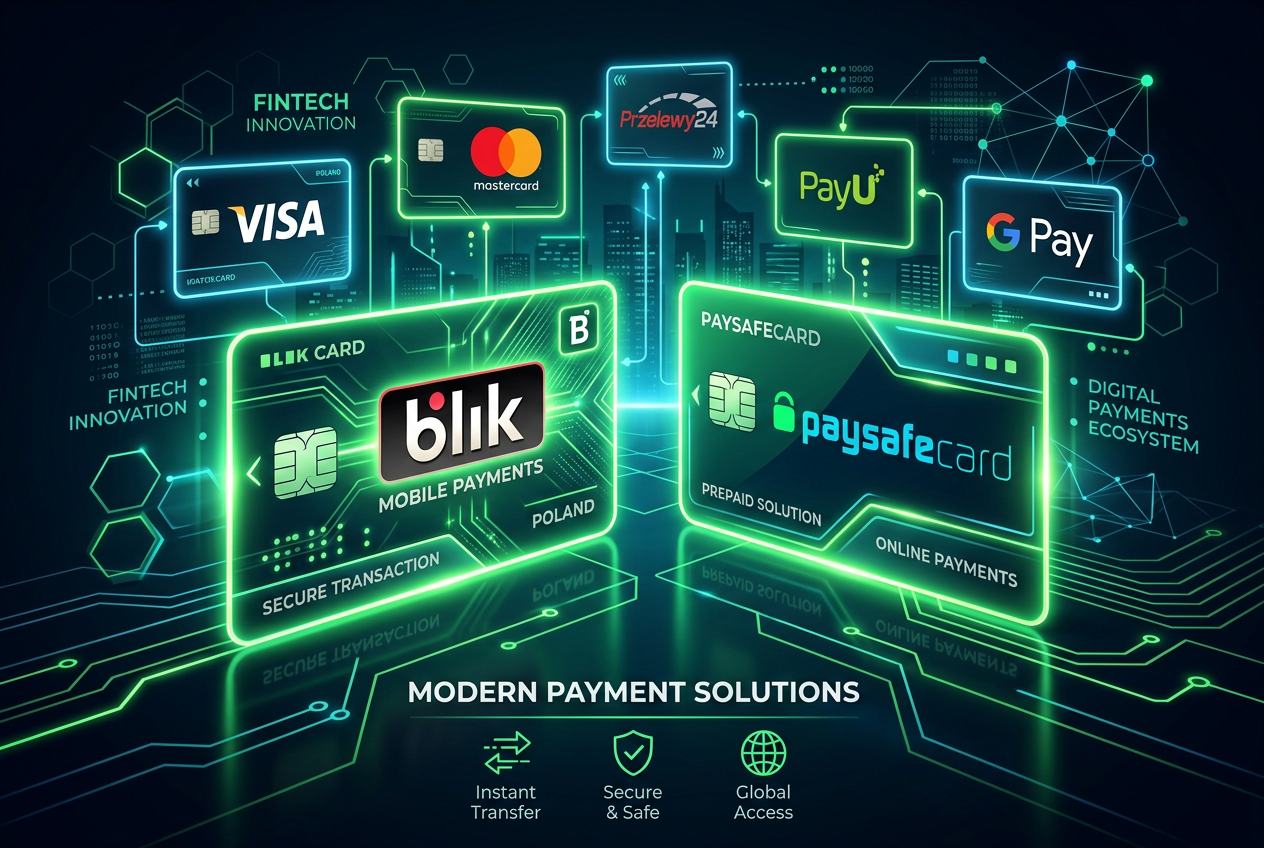 Logotypy metod płatności BLIK, Paysafecard i MiFinity na cyfrowym tle