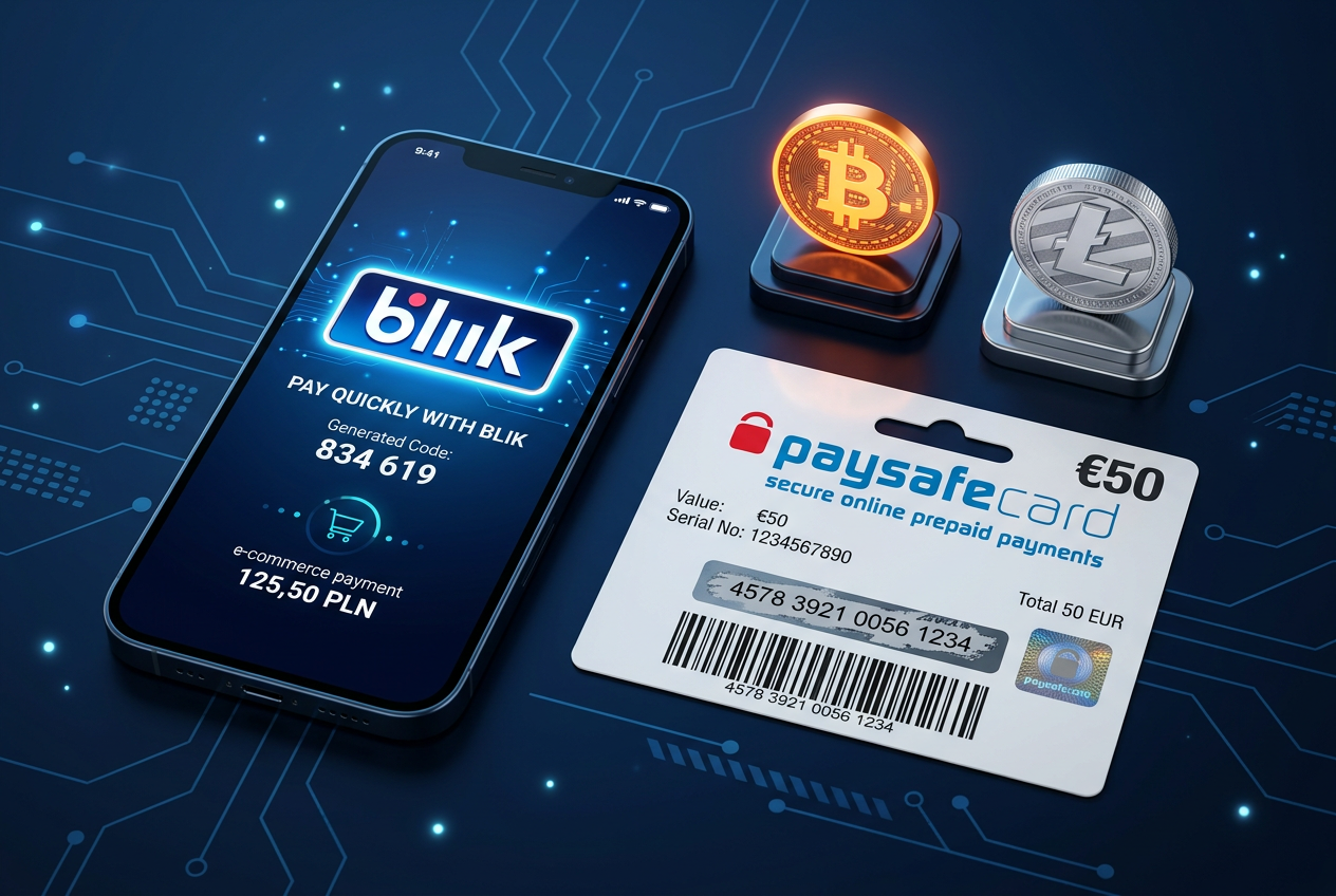 Różne metody płatności w kasynie online: smartfon z BLIK, karta Paysafecard i ikony kryptowalut
